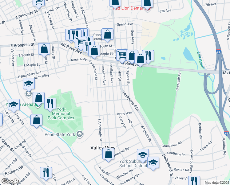 map of restaurants, bars, coffee shops, grocery stores, and more near 989 Midland Avenue in York