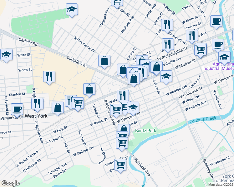 map of restaurants, bars, coffee shops, grocery stores, and more near 914 West Market Street in York