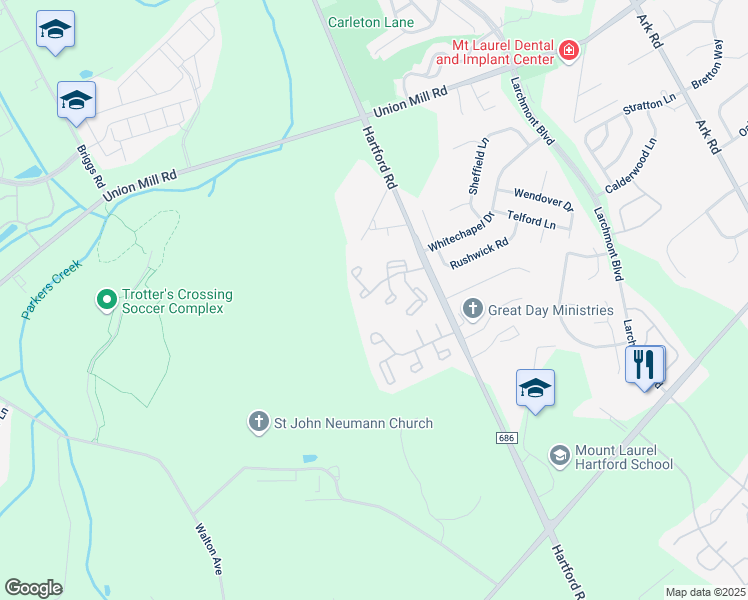 map of restaurants, bars, coffee shops, grocery stores, and more near 165A Bradford Court in Mount Laurel Township