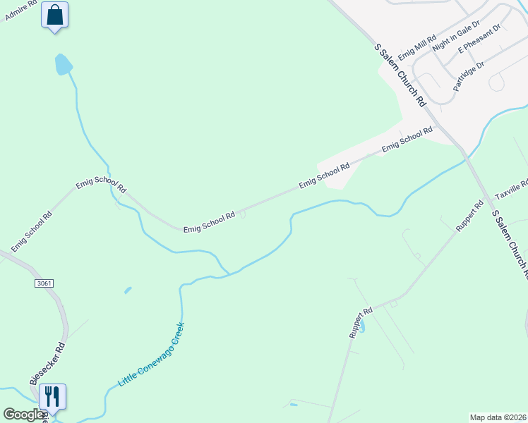 map of restaurants, bars, coffee shops, grocery stores, and more near 3740 Emig School Road in Dover