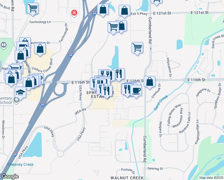 map of restaurants, bars, coffee shops, grocery stores, and more near 9710 Lynn Drive in Fishers