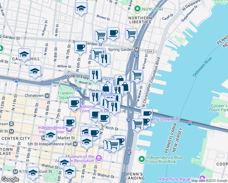 map of restaurants, bars, coffee shops, grocery stores, and more near 219 Vine Street in Philadelphia