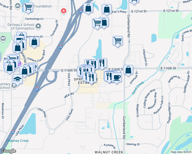 map of restaurants, bars, coffee shops, grocery stores, and more near 11128 Fishers District Drive in Fishers