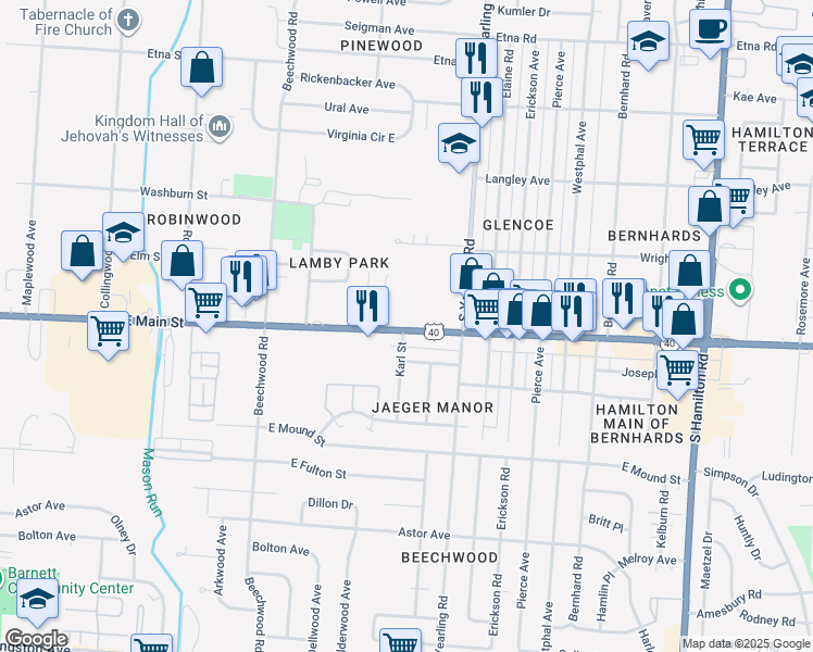 map of restaurants, bars, coffee shops, grocery stores, and more near 4121 U.S. 40 in Whitehall