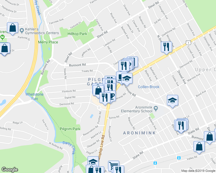 map of restaurants, bars, coffee shops, grocery stores, and more near 57 Warrior Road in Delaware County