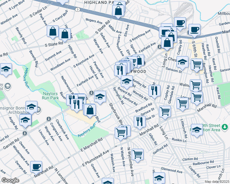 map of restaurants, bars, coffee shops, grocery stores, and more near 346 Springton Road in Upper Darby