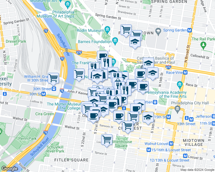 map of restaurants, bars, coffee shops, grocery stores, and more near 2033 Arch Street in Philadelphia
