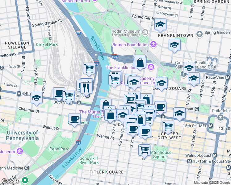 map of restaurants, bars, coffee shops, grocery stores, and more near 30 North 23rd Street in Philadelphia