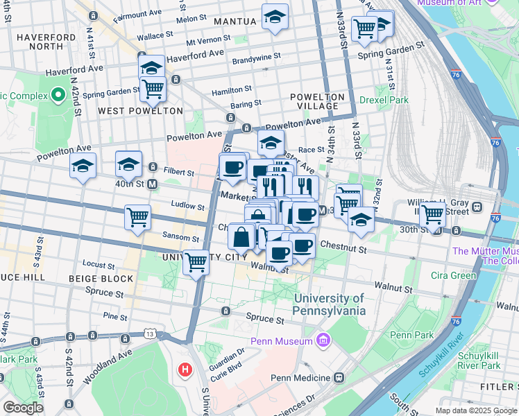 map of restaurants, bars, coffee shops, grocery stores, and more near 3624 Market Street in Philadelphia