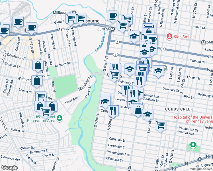 map of restaurants, bars, coffee shops, grocery stores, and more near 6246 Pine Street in Philadelphia