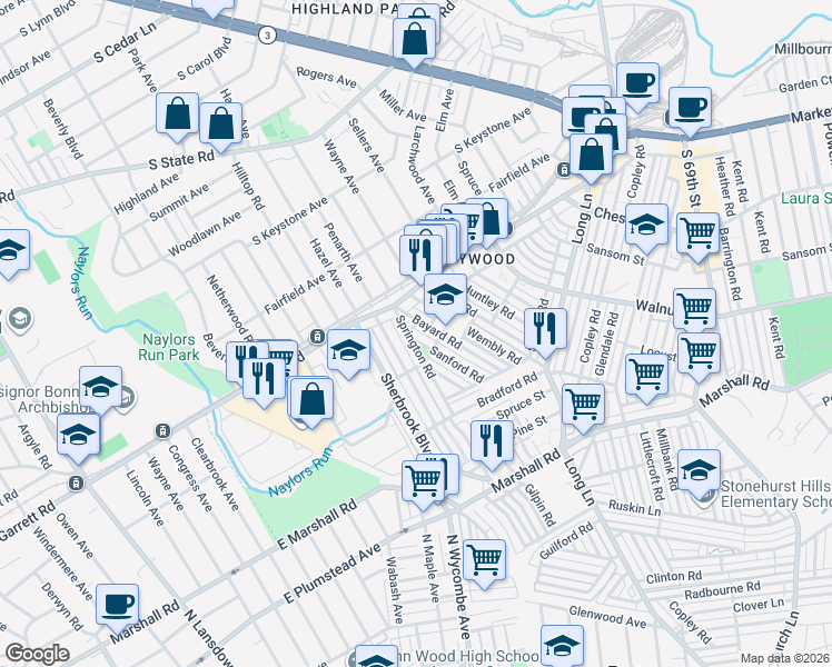 map of restaurants, bars, coffee shops, grocery stores, and more near 331 Margate Road in Delaware County