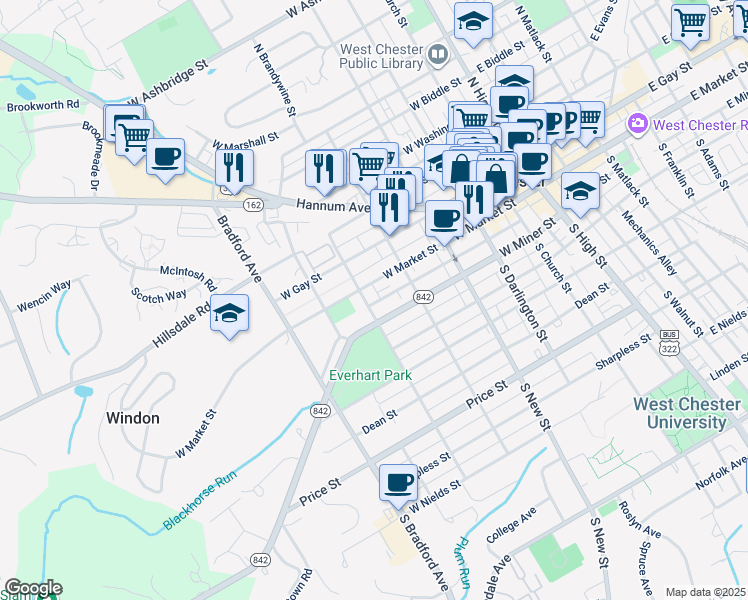 map of restaurants, bars, coffee shops, grocery stores, and more near 11 South Brandywine Street in West Chester