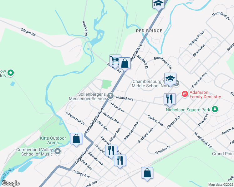 map of restaurants, bars, coffee shops, grocery stores, and more near 67 Roland Avenue in Chambersburg