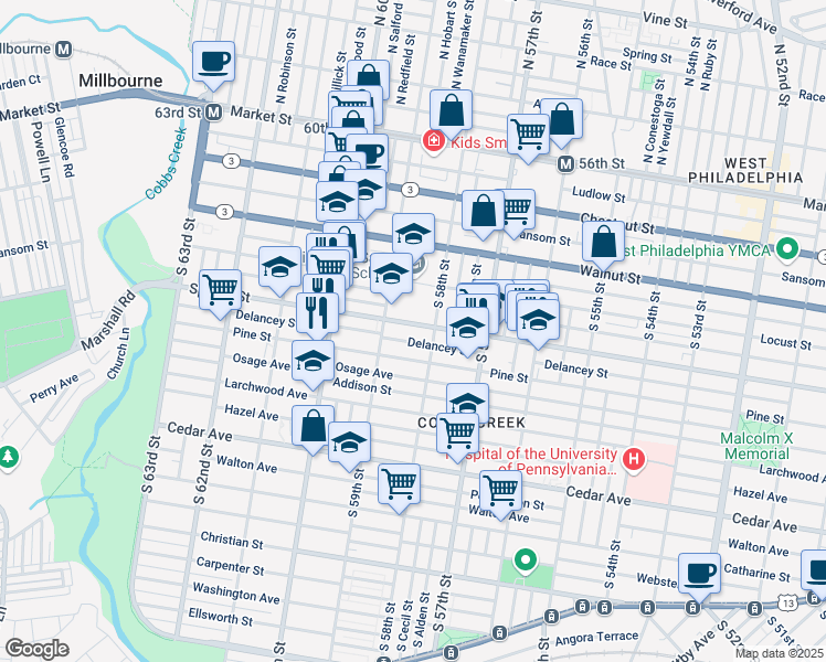 map of restaurants, bars, coffee shops, grocery stores, and more near 5810 Delancey Street in Philadelphia