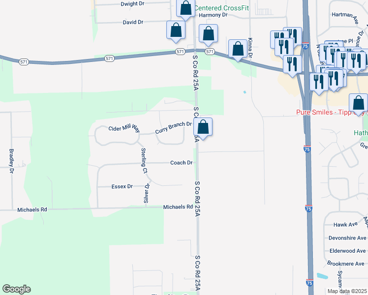 map of restaurants, bars, coffee shops, grocery stores, and more near 5700 South Co Road 25A in Tipp City