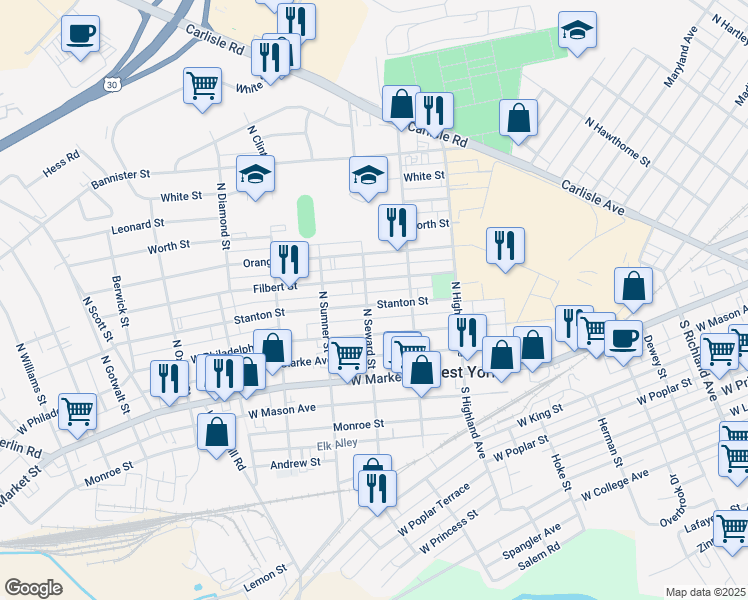 map of restaurants, bars, coffee shops, grocery stores, and more near 1559 Stanton Street in West York