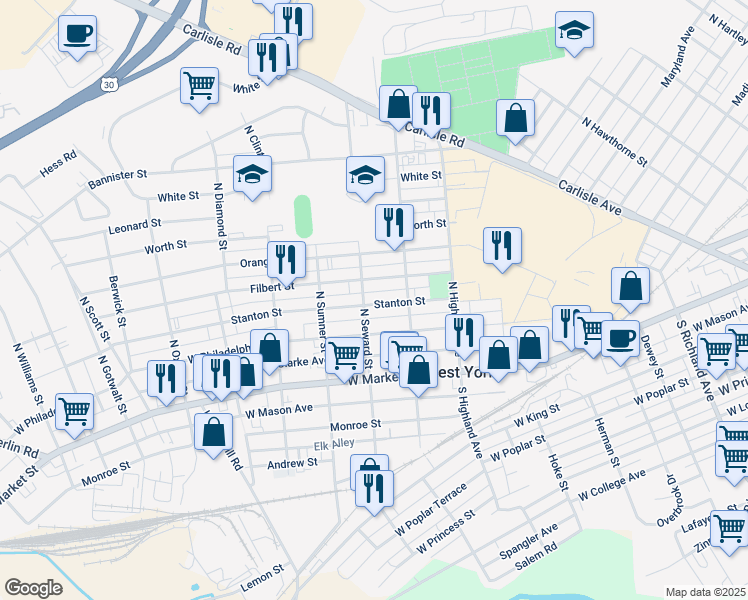 map of restaurants, bars, coffee shops, grocery stores, and more near 1557 Stanton Street in West York