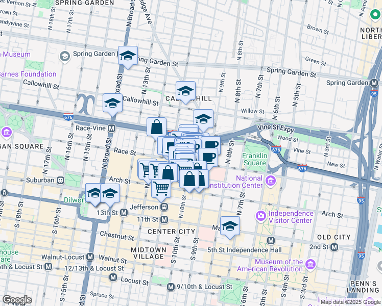 map of restaurants, bars, coffee shops, grocery stores, and more near 216 North 10th Street in Philadelphia