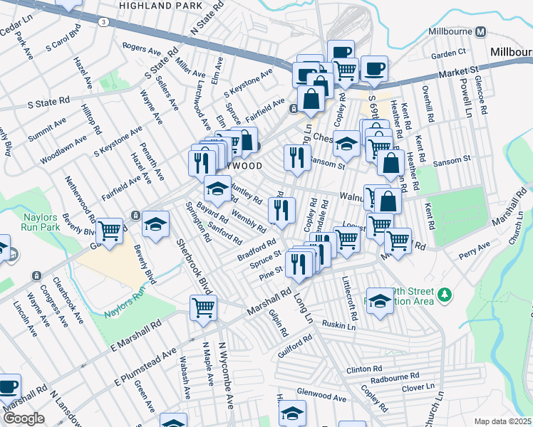map of restaurants, bars, coffee shops, grocery stores, and more near 7068 Veronica Road in Upper Darby