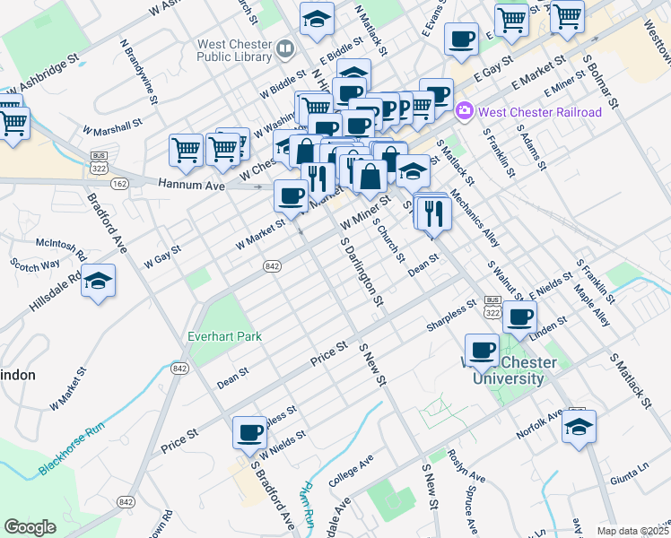 map of restaurants, bars, coffee shops, grocery stores, and more near 228 West Barnard Street in West Chester