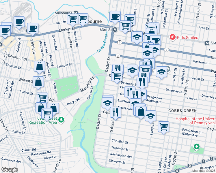 map of restaurants, bars, coffee shops, grocery stores, and more near 6252 Pine Street in Philadelphia