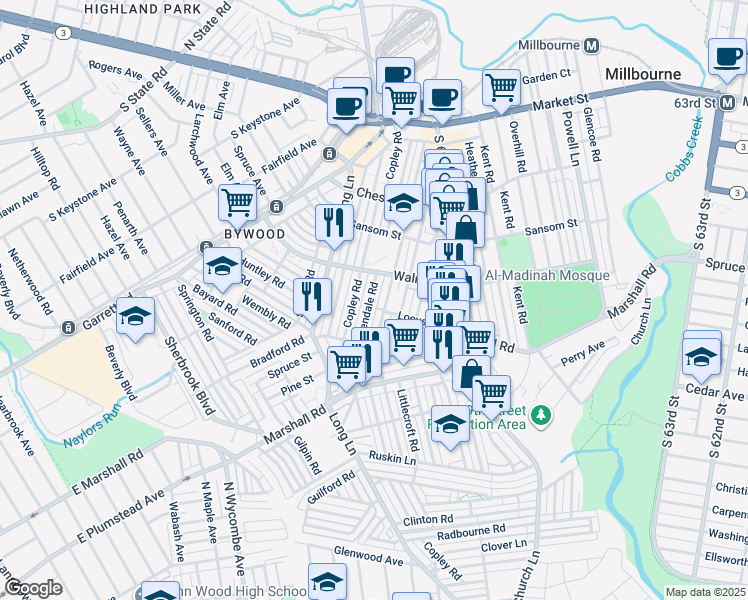 map of restaurants, bars, coffee shops, grocery stores, and more near 275 Glendale Road in Upper Darby