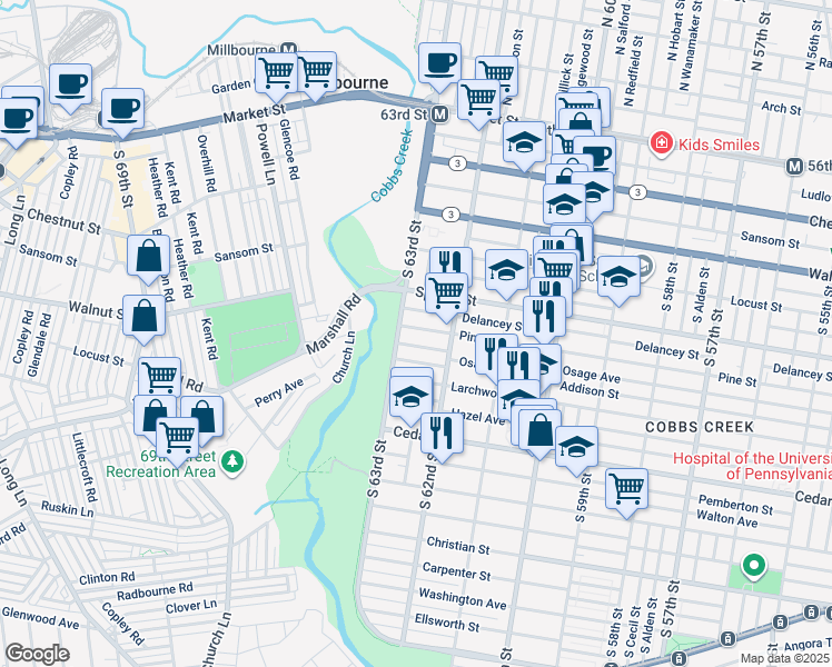 map of restaurants, bars, coffee shops, grocery stores, and more near 6246 Pine Street in Philadelphia