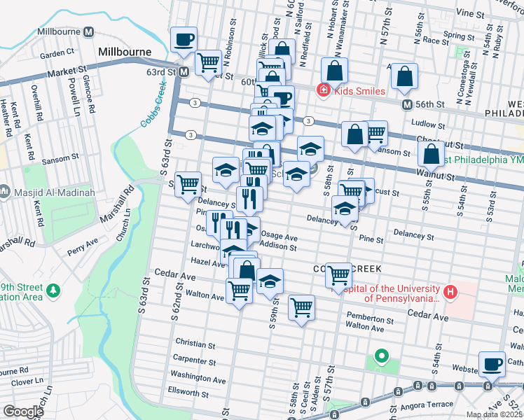 map of restaurants, bars, coffee shops, grocery stores, and more near 5943 Pine Street in Philadelphia