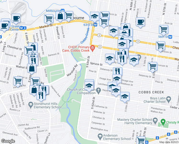 map of restaurants, bars, coffee shops, grocery stores, and more near 6252 Pine Street in Philadelphia