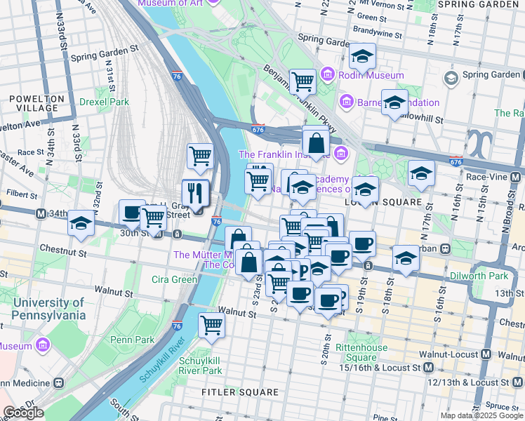 map of restaurants, bars, coffee shops, grocery stores, and more near 30 North 23rd Street in Philadelphia