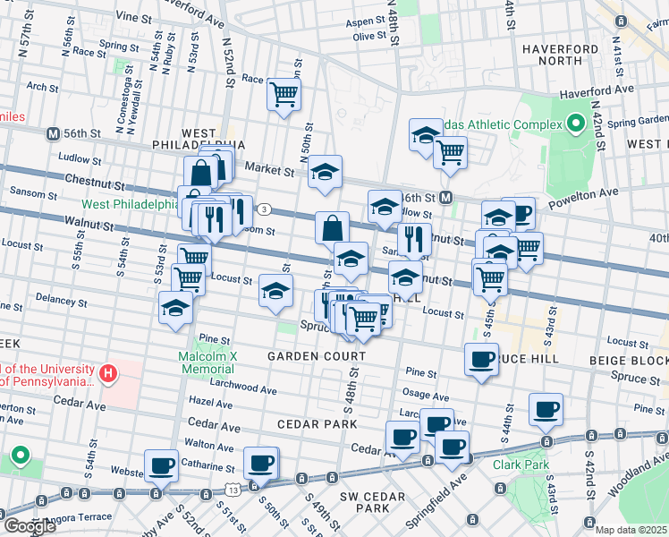 map of restaurants, bars, coffee shops, grocery stores, and more near 4842 Walnut Street in Philadelphia