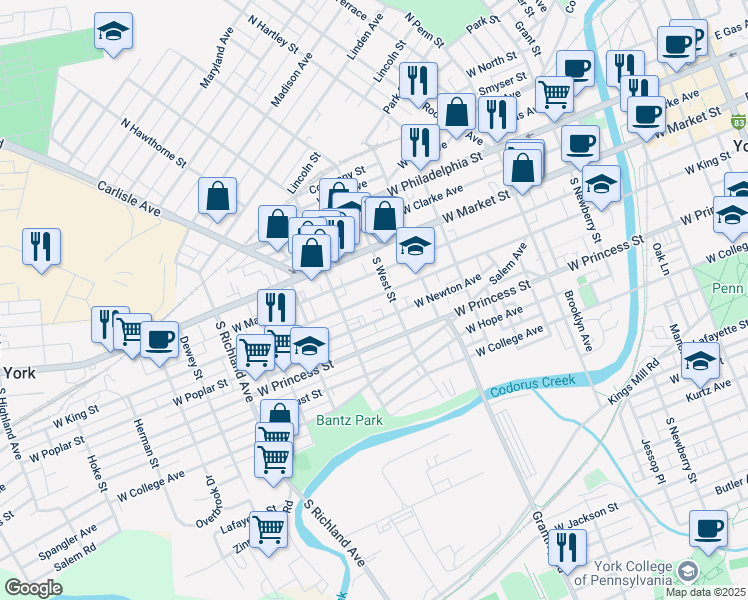 map of restaurants, bars, coffee shops, grocery stores, and more near 622 West King Street in York