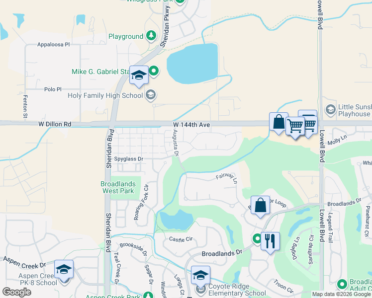 map of restaurants, bars, coffee shops, grocery stores, and more near 4590 Elizabeth Lane in Broomfield
