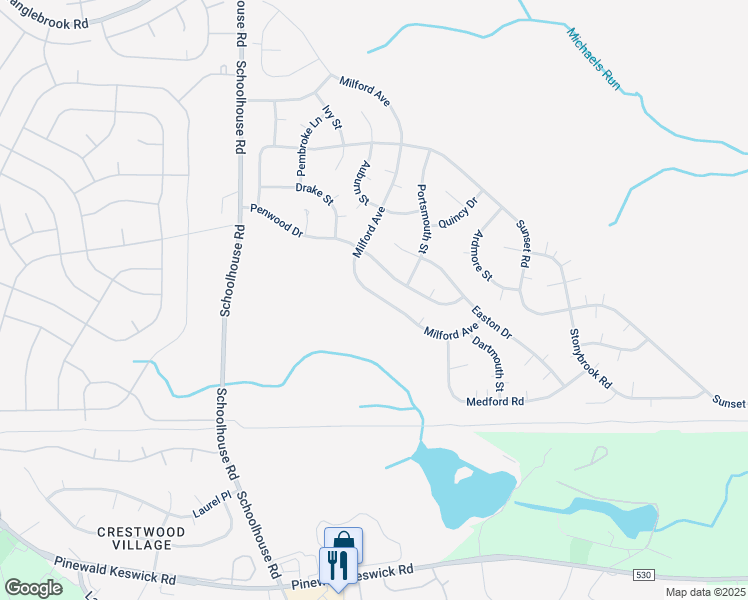 map of restaurants, bars, coffee shops, grocery stores, and more near 94 Milford Avenue in Manchester Township
