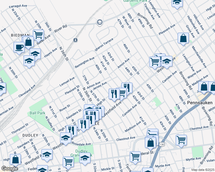 map of restaurants, bars, coffee shops, grocery stores, and more near 431 North 39th Street in Pennsauken Township