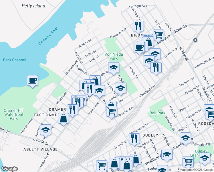 map of restaurants, bars, coffee shops, grocery stores, and more near 2704 Concord Avenue in Camden