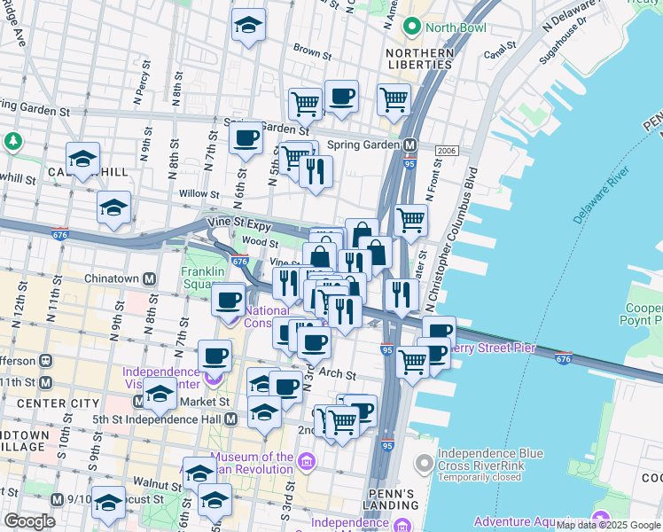 map of restaurants, bars, coffee shops, grocery stores, and more near 255 North Bodine Street in Philadelphia