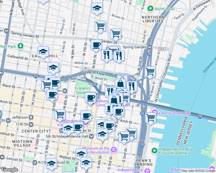 map of restaurants, bars, coffee shops, grocery stores, and more near 246 North Lawrence Street in Philadelphia