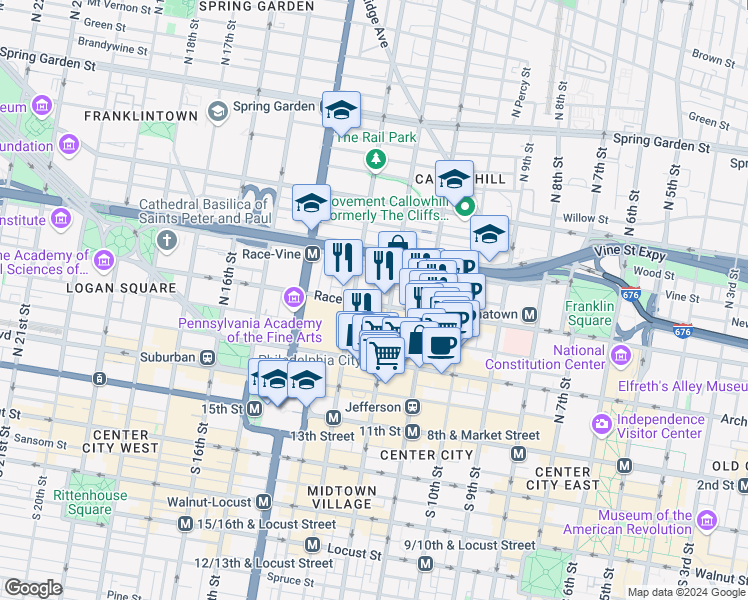 map of restaurants, bars, coffee shops, grocery stores, and more near in Philadelphia