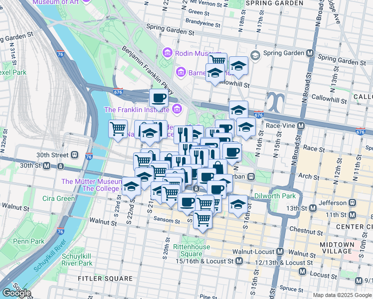 map of restaurants, bars, coffee shops, grocery stores, and more near 1936 Arch Street in Philadelphia