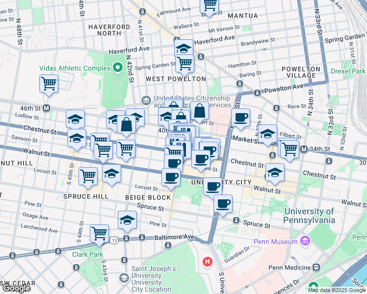 map of restaurants, bars, coffee shops, grocery stores, and more near in Philadelphia