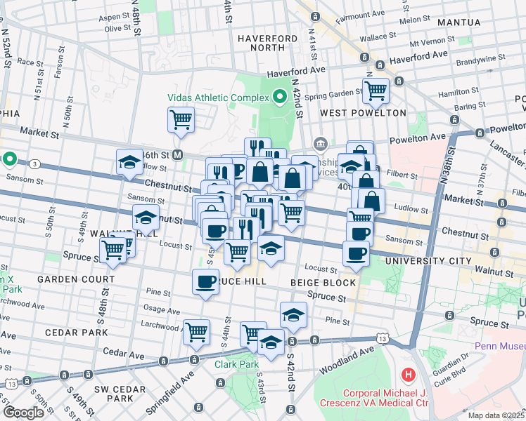 map of restaurants, bars, coffee shops, grocery stores, and more near 121 South 43rd Street in Philadelphia