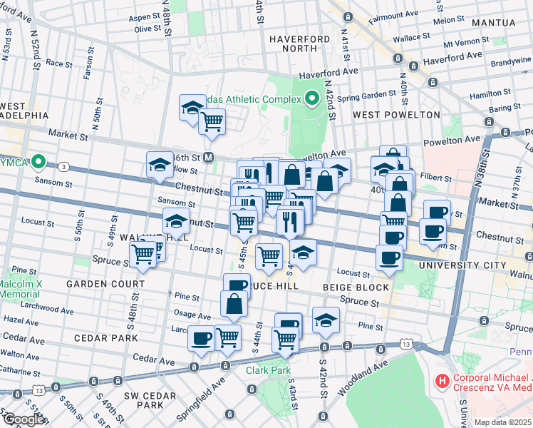 map of restaurants, bars, coffee shops, grocery stores, and more near 140 South 44th Street in Philadelphia
