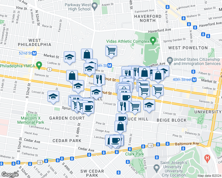 map of restaurants, bars, coffee shops, grocery stores, and more near 4620 Walnut Street in Philadelphia