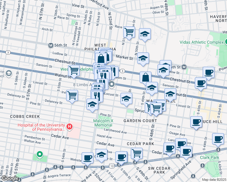 map of restaurants, bars, coffee shops, grocery stores, and more near 5047 Locust Street in Philadelphia