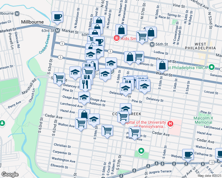 map of restaurants, bars, coffee shops, grocery stores, and more near 5810 Delancey Street in Philadelphia