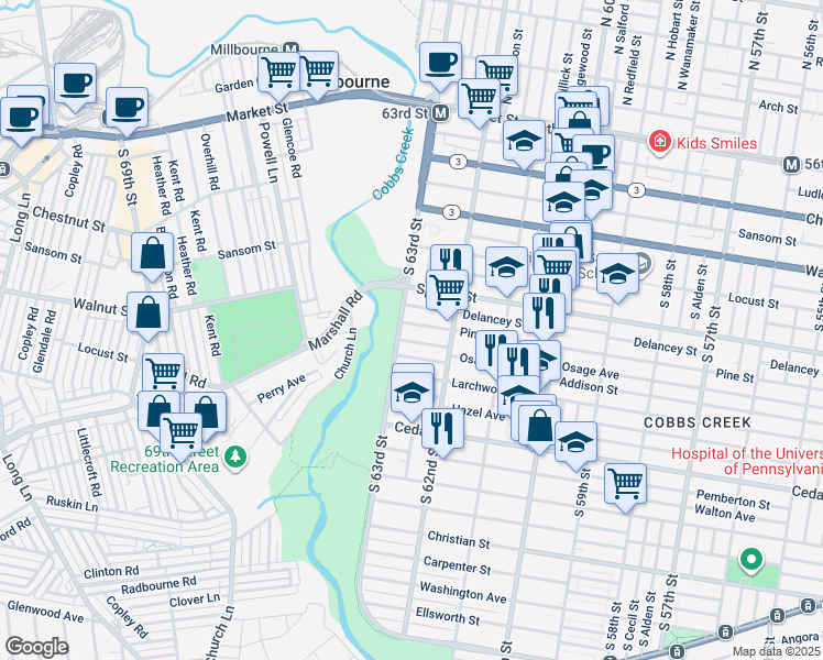 map of restaurants, bars, coffee shops, grocery stores, and more near 6254 Pine Street in Philadelphia