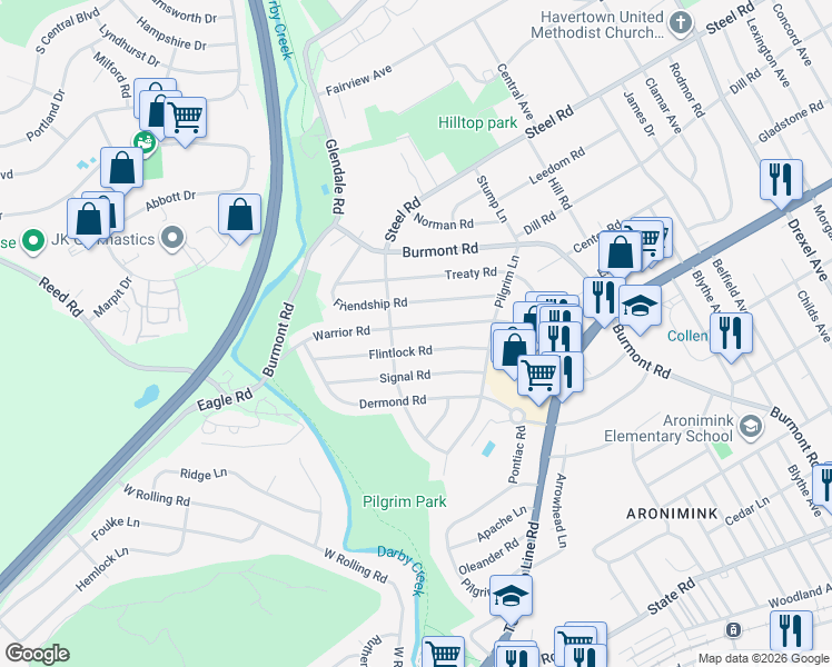map of restaurants, bars, coffee shops, grocery stores, and more near 161 Flintlock Road in Drexel Hill