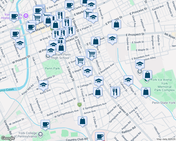 map of restaurants, bars, coffee shops, grocery stores, and more near 549 McKenzie Street in York