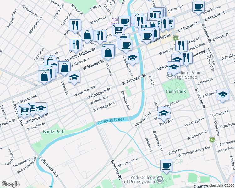 map of restaurants, bars, coffee shops, grocery stores, and more near 150 Mill Lane in York